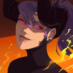 black_clothing black_horn black_topwear clothed clothing female glistening glistening_eyes grin hair horn looking_aside narrowed_eyes not_furry pink_eyes purple_hair simple_background smile solo tan_body tan_skin topwear unsigned corzh77 horned_humanoid humanoid 1:1 absurd_res bust_portrait hi_res icon portrait