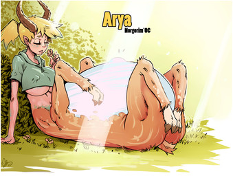belly big_belly big_breasts blonde_hair breasts brown_body brown_fur female fur hair hooves horn humanoid_pointy_ears lying on_back outside pointy_ears pregnant pregnant_female pregnant_taur taur_lower_pregnancy text mabeelz deer deer_taur mammal mammal_taur taur 2016