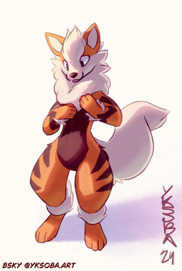 ambiguous_gender anthro biped black_body black_fur featureless_crotch feeling_chest feeling_up_self fur happy implied_transformation mane markings orange_body orange_fur paws semi-anthro shadow simple_background solo striped_markings stripes tan_body tan_fur text white_background yk_soba nintendo pokemon arcanine canid canine generation_1_pokemon mammal pokemon_(species) adversarial_noise english_text hi_res signature
