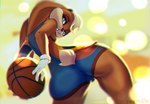 anthro ball basketball basketball_(ball) big_butt blonde_hair blue_eyes blurred_background butt clothed clothing female fingers flat_chested fur gloves hair half-closed_eyes handwear holding_ball holding_object looking_at_viewer looking_back looking_down low-angle_view narrowed_eyes ponytail_ears rear_view soft_focus solo teeth thick_thighs wide_hips girlwithdrill looney_tunes warner_brothers lola_bunny lagomorph leporid mammal rabbit 2021