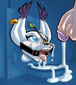 bdsm bdsm_gear bodily_fluids bondage bound cum cum_in_mouth cum_inside duo ear_piercing ear_ring female forced gag genital_fluids genitals male nose_hook open_mouth penis piercing ring_gag ring_piercing solo_focus oddjuice bandai_namco digimon digimon_(species) felid feline felis gatomon mammal absurd_res hi_res