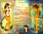 4_toes anthro blue_eyes brown_hair digitigrade feet female hair midriff navel open_mouth solo teeth text toes tongue araivis-edelveys araivis_edelveys_(character) felid hybrid liger lion mammal pantherine tiger 5:4 english_text flat_colors hi_res model_sheet