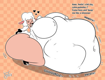abdominal_bulge ambiguous_gender ambiguous_prey anthro bedroom_eyes belly big_belly big_breasts big_butt breast_tuft breasts butt digestion_noises female female_pred fur groaning_belly gurgle_(sound_effect) heart_symbol huge_belly huge_breasts huge_butt huge_hips hyper hyper_belly hyper_breasts hyper_butt hyper_hips muffled_screaming narrowed_eyes onomatopoeia organs rumbling_stomach seductive solo sound_effects stomach struggling struggling_prey tan_body tan_skin text tuft vore white_body wide_hips wool_(fur) hatty_ya_ku droopy_(series) metro-goldwyn-mayer sheep_wrecked leggy_lamb bovid caprine mammal sheep 2023 absurd_res digital_media_(artwork) english_text hi_res