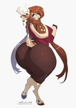 anthro antlers big_breasts big_butt biped bottomwear breasts brown_body brown_fur brown_hair brown_tail butt clothed clothing cloven_hooves curvy_figure ear_piercing eyewear female fingers fur glasses green_eyes hair hooves horizontal_pupils horn huge_breasts huge_butt long_hair looking_at_viewer looking_back mature_anthro mature_female multicolored_body multicolored_fur open_mouth piercing pupils short_tail simple_background skirt solo standing sweater tail tan_body tan_fur teeth text thick_thighs tongue topwear voluptuous wide_hips inu-sama siobhan_(inu-sama) deer mammal 2025 absurd_res artist_name full-length_portrait hi_res portrait