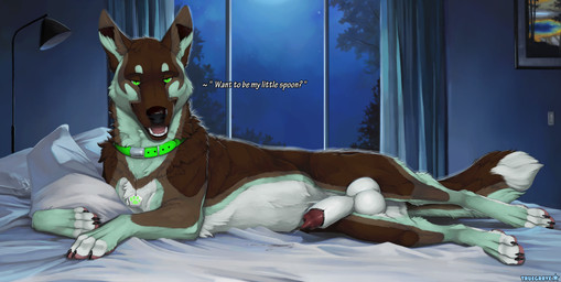 anatomically_correct anatomically_correct_genitalia anatomically_correct_penis animal_genitalia animal_penis balls bed bedroom_eyes black_sheath_slit bodily_fluids brown_body brown_fur canine_genitalia canine_penis claws collar detailed_background digitigrade erection feral fur furniture genital_fluids genitals green_body green_eyes green_fur inside lipsticking lying male male_feral multicolored_body multicolored_fur narrowed_eyes on_bed on_side penis penis_tip precum precum_on_bed precum_on_bedding precum_squirt quadruped seductive sheath sheath_slit solo tail talking_to_viewer teeth text toe_claws white_balls white_body white_fur white_sheath truegrave9 sheppermint canid canine canis domestic_dog german_shepherd herding_dog mammal pastoral_dog 2025 digital_media_(artwork) english_text hi_res lol_comments