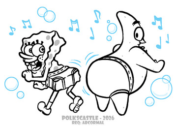 allcaps anthro briefs briefs_only bubble bubble_butt butt clothed clothing dancing dancing_in_underwear duo eyelashes footwear freckled_face freckles grey_text male motion_lines musical_note musical_symbol open_mouth pantsless pantsless_anthro pantsless_male shaking_butt shoes smile socks symbol teeth_showing text tighty_whities tongue tongue_out tongue_showing topless underwear underwear_only white_briefs white_clothing white_underwear polkscastle nickelodeon spongebob_squarepants patrick_star spongebob_squarepants_(character) aquatic asterozoan echinoderm sea_sponge starfish 2026 english_text hi_res