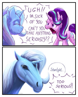 blue_body blue_fur blue_hair cutie_mark duo female feral fur hair horn purple_body purple_eyes purple_fur purple_hair realistic simple_background two_panel_image white_background candy_meow candymeow333 friendship_is_magic hasbro my_little_pony mythology too_serious starlight_glimmer_(mlp) trixie_(mlp) equid equine mammal mythological_creature mythological_equine unicorn comic hi_res meme