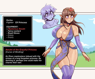 big_breasts blush breasts brown_hair cursed_equipment cursed_object day female gender_transformation hair human_to_humanoid humanoid_pointy_ears male mtf_transformation not_furry outside pointy_ears purple_eyes solo species_transformation surprised text transformation brellom elf human humanoid mammal 2023 absurd_res digital_media_(artwork) english_text hi_res