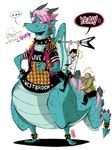 anthro belly blue_body blue_skin clothing electric_guitar group guitar hair horn male musical_instrument overweight pink_hair plucked_string_instrument shirt size_difference string_instrument text topwear trio wings d._e._belton_(artist) mythology dragon human mammal mythological_creature mythological_scalie scalie 2014