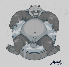 anthro balls bathing belly big_belly black_body black_nose erection feet genitals male navel overweight overweight_male penis solo water white_body themorghull dreamworks kung_fu_panda master_po_ping bear giant_panda mammal 2023 hi_res