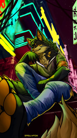 anthro bottomwear city city_background cityscape clothing denim denim_bottomwear denim_clothing jeans male night pants paws solo star text asllyfoxi fluxx_(adenos_slept) canid canine fox mammal absurd_res hi_res japanese_text tagme