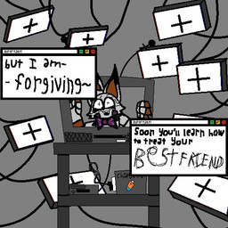 anthro bow_tie cable claws coming_out_of_tv cross_pupils dirty_fur electronics female fur lyrics machine open_mouth open_smile orange_body orange_fur purple_cheeks smile solo teeth television text white_body white_fur idkrandom958 five_nights_at_freddy's five_nights_at_freddy's_world scottgames fan_character lolbit_(fnaf) animatronic canid canine fox mammal robot 1:1 aliasing binary_drawing digital_drawing_(artwork) digital_media_(artwork) english_text low_res