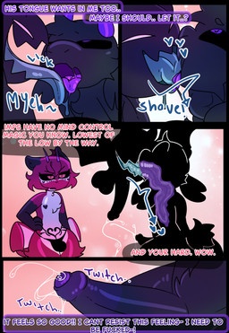 aroused balls black_sclera bodily_fluids cheek_tuft chest_tuft facial_tuft genitals horn membrane_(anatomy) membranous_wings purple_eyes purple_horn questionable_consent red_eyes text tongue tongue_out tuft wings womb_tattoo halfpricesouls julius_(halfpricesouls) mocha_(halfpricesouls) animal_humanoid bovid bovid_humanoid caprine caprine_humanoid humanoid mammal mammal_humanoid sheep_humanoid absurd_res comic english_text hi_res