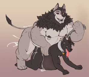 abs anal anal_penetration anthro anthro_on_anthro anthro_penetrated anthro_penetrating anthro_penetrating_anthro anus balls barefoot beard black_balls black_body black_fur black_hair black_nose black_sclera black_tongue bodily_fluids chain chain_leash collar collar_only cum cum_in_ass cum_inflation cum_inside cum_splatter dominant dominant_male duo erection eyebrows facial_hair feet foreskin fur genital_fluids genitals green_eyes grey_body grey_fur grey_nipples hair half-closed_eyes humanoid_hands inflation larger_male leash leash_pull male male/male male_penetrated male_penetrating male_penetrating_male metal_collar musclegut muscular muscular_male narrowed_eyes nipple_piercing nipple_ring nipples nude open_mouth open_smile orgasm overweight paws pecs penetration penile penile_penetration penis piercing pink_tongue purple_eyes ring_piercing sex simple_background size_difference slim smaller_male smaller_penetrated smile submissive submissive_male tail tail_tuft teeth thick_thighs tongue tongue_out tuft tilionmaia canid canine canis domestic_dog mammal wolf hi_res signature