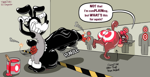 balls big_balls big_breasts big_butt big_penis breasts brown_body brown_fur buckteeth bulge butt cartoon_eyes cartoon_gloves cartoon_physics clothing curvy_figure dynamite ear_piercing explosives fangs female fur genitals grey_clothing hair hourglass_figure humor hyper lips male male/female object_in_ass object_in_penis onomatopoeia orange_clothing overalls paint penis piercing presenting presenting_body presenting_hindquarters question red_hair sound_effects target teeth text thick_lips toony toony_expression toony_eyes topwear tube_top infinityartistix fizzi_the_fruit_bat bat lagomorph leporid mammal megabat rabbit absurd_res english_text hi_res monochrome