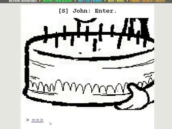 anthro armor black_body black_hair cake clothing dessert eyewear food glasses group hair hammer hat headgear headwear inside kitchen male melee_weapon pipe sword text tools trio weapon unknown_artist deltarune homestuck ms_paint_adventures undertale_(series) dad_(homestuck) john_egbert roaring_knight human mammal 2025 animated long_playtime low_res video