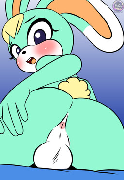 anthro anus balls buckteeth butt butt_focus femboy fur genitals green_body green_fur hand_on_butt looking_at_viewer looking_back looking_back_at_viewer male rabbit_ears scut_tail short_tail solo tail teeth sirjzau animal_crossing nintendo sasha_(animal_crossing) lagomorph leporid mammal rabbit absurd_res hi_res