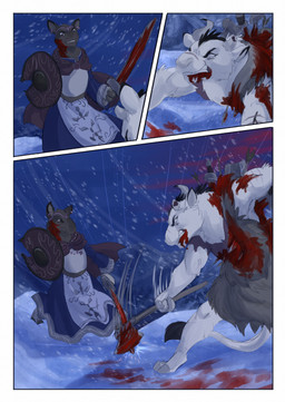 anthro arrow_(weapon) axe biped blood blood_on_weapon bodily_fluids brown_body brown_fur clenched_teeth clothed clothing duo eye_wound female fight fur gore horn melee_weapon night outside ranged_weapon snow snowing sword tail teeth weapon white_body white_fur white_tail wind wound_on_face wounded bjekkergauken mythology hjordis the_weapon_thief aurochs bovid bovine deer mammal moose new_world_deer recently_extinct_species 2025 colored comic hi_res