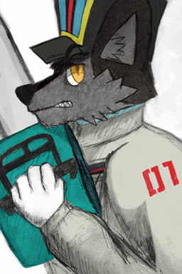 5_fingers anthro big_ears big_hat black_body black_clothing black_fur black_hat black_headwear black_nose chainsaw cheek_tuft clothing digital_coloring eyebrows_through_hat facial_tuft fangs fingers fur gloves grey_body grey_fur grey_inner_ear grey_inner_ear_fluff handwear hat head_tuft headgear headwear holding_object inner_ear_fluff jacket looking_at_viewer male male_anthro multicolored_body multicolored_fur number number_on_clothing number_print power_tool pupils side_eye side_eye_at_viewer side_view simple_background slit_pupils snarling snout solo teeth text tools topwear tuft two_tone_body two_tone_fur white_background white_clothing white_gloves white_handwear white_jacket white_sclera white_topwear yellow_eyes anonymous_artist factory_explosion_(vocaloid) vocaloid yamaha_corporation janusz canid canine canis hybrid mammal wolf wolfdog 2026 2:3 character_name guide_lines hi_res portrait traditional_media_(artwork)