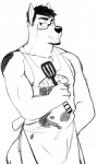 anthro apron clothed clothing eyebrows eyewear glasses hair kitchen_spatula kitchen_utensils male mature_anthro mature_male muscular muscular_anthro muscular_male nipples partially_clothed solo spatula thick_eyebrows tools genchi tabasco_(character) monochrome