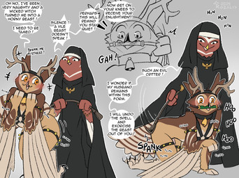 all_fours anthro antlers bdsm beak bell bell_collar biped bit_gag black_clothing blush bondage bound brown_body brown_feathers butt butt_slap clothed clothing collar dialogue dominant dominant_female duo fake_horns feathers feet female gag gagged grey_background harness holidays horn male male/female male/male male_anthro nude nun onomatopoeia open_mouth orange_eyes petplay red_body reins religious_clothing robe roleplay simple_background slap sound_effects spanking speech_bubble submissive submissive_male tail talons text toes whip whipping_butt wings yellow_eyes rozalid halloween atheniv bubowl avian bird owl true_owl digital_media_(artwork) english_text hi_res