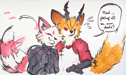 anthro arm_scales black_body black_bodysuit black_clothing black_horn black_scales black_skinsuit bodily_fluids bodysuit brown_body brown_ears brown_fur cheek_tuft clothed clothing countershading dialogue dipstick_tail duo eyes_closed facial_markings facial_tuft fluffy fluffy_tail fur glaring head_markings head_tuft horn male male/male markings multicolored_body neck_tuft nuzzling orange_body orange_fur orange_tail red_body red_ears red_eyes red_facial_markings red_fur red_markings red_tail scales scuted_arms scuted_hands scutes shirt skinsuit smile speech_bubble striped_markings striped_tail stripes sweat sweat_emanata tail tail_markings tail_motion tailwag tan_body tan_countershading tan_fur tan_tail_tip techsuit text tight_clothing topwear tuft two_tone_body uncomfortable unimpressed white_body white_fur white_tail akamaruburningred firestarter_(comic) mythology akamaru_shirogane hikaru_(firestarter) canid canine chimera dragon fox furred_dragon furred_scalie hybrid mammal mythological_creature mythological_scalie scalie 2026 absurd_res english_text hi_res traditional_media_(artwork)