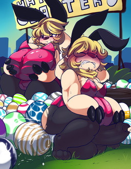 absurd_res anthro balls big_balls big_penis blush bottomwear breasts bulge bunny_costume canid canine canis claws clothing costume domestic_dog dragon easter egg genitals hi_res holidays hybrid hyper maeh_(character) maehdoggie male mammal nylon oviposition penis pregnant pregnant_male rabbit_ears solo torn_bottomwear torn_clothing