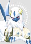 anthro areola big_breasts blue_areola blue_nipples blush breasts claws clothed clothing female fur holowear_(pokemon) looking_at_viewer nipple_piercing nipples piercing red_eyes simple_background solo white_body white_fur mx_ragam nintendo pokemon pokemon_unite sacred_style_absol absol generation_3_pokemon mammal pokemon_(species) hi_res