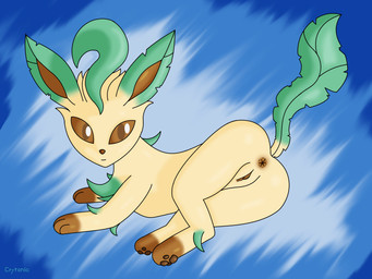 anus brown_anus brown_body brown_eyes brown_fur brown_vulva butt chest_tuft female feral fur genitals humanoid_genitalia humanoid_genitalia_on_feral humanoid_vulva humanoid_vulva_on_feral looking_at_viewer lying on_side pawpads paws rear_view simple_background solo tan_body tan_fur tuft vulva crytonic nintendo pokemon canid eeveelution generation_4_pokemon leafeon mammal pokemon_(species) 4:3 hi_res