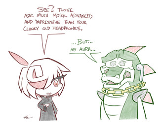 anthro black_clothing black_topwear clothed clothing dialogue duo eyelashes gesture green_text hair hair_over_eye hand_gesture pointing pointing_at_another scales text topwear nokai sega sonic_frontiers sonic_the_hedgehog_(series) sage_(sonic) vector_the_crocodile crocodile crocodilian reptile scalie 2025 english_text hi_res