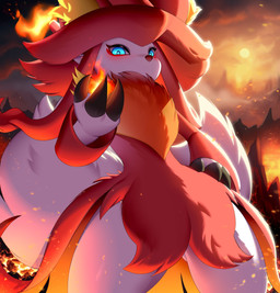 ambiguous_gender anthro biped blue_eyes blue_pupils claws day detailed_background embers feral fire fluffy fur kemono looking_at_viewer mountain outside pupils red_body red_fur solo sparks standing sun white_body white_fur daimonkisora palworld pocketpair canid canine fox mammal pal_(species) wixen 2024 absurd_res digital_media_(artwork) digital_painting_(artwork) hi_res painting_(artwork)