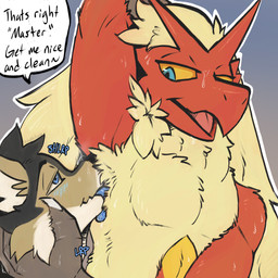 armpit_fetish armpit_lick armpit_play armpit_tuft armpit_worship blush bodily_fluids body_worship duo fluffy fluffy_chest fluffy_ears grabbing_head licking male musk musk_drunk musky_armpit sweat sweaty_body tongue tongue_bath trainer_role_reversal arkailart nintendo pokemon arkail_(randomlucario) avian blaziken canid canine canis generation_3_pokemon jackal mammal pokemon_(species) absurd_res hi_res