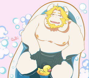 anthro bath bathing bathtub beard belly blonde_hair eyes_closed facial_hair fur genitals hair horn humanoid_hands kemono long_ears male mature_anthro mature_male moobs nipples overweight overweight_anthro overweight_male penis relaxing solo water white_body white_fur gobi_garyu undertale undertale_(series) asgore_dreemurr boss_monster_(undertale) bovid caprine mammal 2020 hi_res