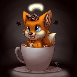 blep chibi container cup feral fur hair looking_at_viewer simple_background smile solo tongue tongue_out young young_feral oyenorangecat westerlund canid canine fox mammal 1:1