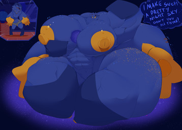 abs anthro areola barely_visible_genitalia barely_visible_vulva big_areola big_breasts big_muscles big_nipples biped blue_body blue_fur blue_speech_bubble body_size_growth bottomwear breast_growth breasts clothing dialogue ear_piercing eyewear eyewear_on_head female flexing flexing_bicep floating freckled_face freckled_hips freckles fur furniture genitals gloves goggles goggles_on_head grey_bottomwear grey_clothing grey_shorts growth handwear huge_areola huge_breasts huge_muscles huge_nipples huge_thighs hyper hyper_areola hyper_breasts hyper_ears hyper_muscles hyper_nipples hyper_thighs intergalactic_macro leg_markings macro markings muscle_growth muscular muscular_anthro muscular_female nightstand nipple_dip nipples piercing pupils shorts size_transformation slim_anthro slim_female socks_(marking) solo speech_bubble standing stretching text thick_thighs transformation vulva yellow_areola yellow_eyes yellow_nipples yellow_nose yellow_pupils commoddity ganger_(cosmic_rabbit_form) lagomorph leporid mammal rabbit 2022 absurd_res digital_drawing_(artwork) digital_media_(artwork) english_text hi_res