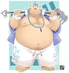 anthro belly blue_hair blush brown_body brown_fur clothing footwear fur hair jewelry male monk navel necklace nipples overweight overweight_male rake sandals shoes snout solo tools doguma-sin lifewonders tokyo_afterschool_summoners ganglie_(tas) mammal suid suine sus_(pig) wild_boar hi_res