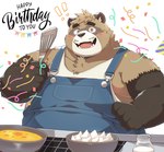 anthro blush brown_body brown_fur chubby_cheeks clothing food fur humanoid_hands kemono male overalls overweight overweight_male shirt solo spatula tools topwear tulrang crave_saga pong_(crave_saga) canid canine mammal raccoon_dog tanuki 2024 absurd_res hi_res