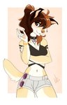 anthro breasts brown_hair collar ear_piercing eyebrows eyelashes female hair midriff navel piercing smile solo wolflady danika_(wolflady) canid canine canis domestic_dog mammal 2021 digital_media_(artwork)