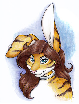 anthro blue_eyes brown_hair clothed clothing ear_piercing ear_ring female fur hair jewelry looking_at_viewer necklace orange_body orange_fur piercing pink_nose ring_piercing skimpy solo striped_body striped_fur stripes megan_giles densetsu_tenspirits felid hare hybrid lagomorph leporid mammal pantherine rabbit tiger 2014