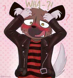 anthro blush bodily_fluids brown_body brown_fur cheek_tuft clothed clothing facial_tuft fur head_tuft inner_ear_fluff interrobang jacket question_mark shirt solo sweat sweatdrop topwear tuft stiliano aggretsuko sanrio haida_(aggretsuko) hyena mammal spotted_hyena 2018 comic hi_res