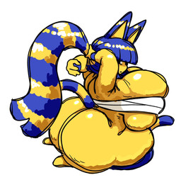 anthro barely_contained barely_contained_breasts big_breasts big_butt blue_ears blue_hair blue_tail_tip breasts bulging_breasts butt chest_wraps dipstick_tail female female_anthro fingers hair huge_breasts huge_butt kneeling long_hair looking_back markings simple_background solo striped_hair striped_markings striped_tail stripes tail tail_markings tying_hair white_background wraps yellow_body yellow_inner_ear nsfwoaf animal_crossing nintendo ankha_(animal_crossing) domestic_cat felid feline felis mammal 2026 digital_drawing_(artwork) digital_media_(artwork) english_description full-length_portrait hi_res portrait