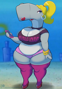 anthro big_breasts biped blurred_background bottomwear breasts clothed clothing eyelashes female flower_cloud_(spongebob) footwear hair legwear outside pupils shoes solo text thick_thighs thigh_highs three-quarter_view topwear teenagebratwurst nickelodeon spongebob_squarepants pearl_krabs cetacean mammal marine sperm_whale toothed_whale whale 2025 absurd_res hi_res url
