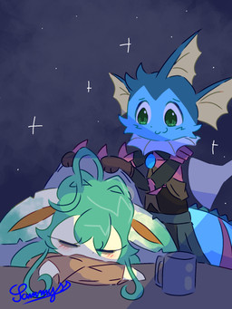 accessory anthro anthrofied armor bedding black_nose blanket blue_body blue_fur blue_hair blue_tail blush brown_clothing brown_gloves brown_handwear brown_inner_ear clothed clothing container cup duo eye_bags eyelashes eyes_closed female fully_clothed fur furgonomics furniture gloves green_ears green_eyes green_hair hair handwear inside light_bulb looking_at_another male pokemorph sleeping table tail tail_accessory tan_body tan_ears tan_fur conditional_dnp xammyxx nintendo pokemon fan_character eeveelution generation_1_pokemon generation_4_pokemon leafeon pokemon_(species) vaporeon 2025 3:4 digital_media_(artwork) hi_res ibispaint_(artwork) shaded signature watermark