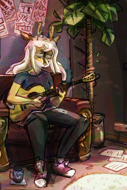 acoustic_guitar anthro blonde_hair chair clothing container cup eyes_closed female footwear furniture guitar hair horn long_hair mug musical_instrument paper plant plant_pot playing_music plucked_string_instrument potted_plant shoes sitting solo string_instrument bbravaa phoebe_(bbravaa) deer mammal 2:3 colored hi_res