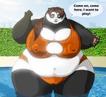 anthro areola_outline belly big_breasts bikini black_body black_fur breasts brown_hair clothing female fur hair huge_breasts nave nipple_outline obese obese_anthro obese_female open_mouth overweight overweight_anthro overweight_female pool solo speech_bubble swimwear text thick_thighs two-piece_swimsuit white_body white_fur xxsparcoxx bear giant_panda mammal 2015 digital_media_(artwork) english_text