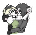 alternative_fashion anthro black_hair clothing duo ear_piercing female freckles glamfur goth hair kiss_on_lips kissing male piercing scar shirt short_hair simple_background tattoo topwear white_background zeriara zeriara_(character) lemur mammal primate strepsirrhine low_res