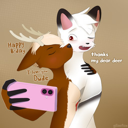 anthro birthday brown_body brown_fur cellphone cuddling duo electronics eyes_closed female fur heart_symbol horn hug hugging_another kemono kissing kissing_cheek love male male/female phone selfie smartphone text white_body white_fur glimfox dude_(dudeanon) canid canine canis deer mammal wolf 1:1 absurd_res digital_media_(artwork) english_text hi_res nonbinary_(lore)