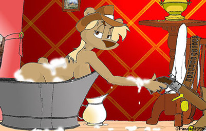 anthro bath female gun handgun holding_gun holding_object holding_ranged_weapon holding_weapon nude ranged_weapon revolver solo water weapon greg_panovich hanna_(greg_panovich) bear mammal 1996 low_res