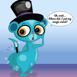 balls big_butt blue_body blue_fur brown_eyes butt curious domestic_pet fur genitals humanoid_genitalia humanoid_penis magic_hat magic_wand male object_between_cheeks penis questioning silly solo unknown_artist hasbro littlest_pet_shop littlest_pet_shop_(2012) sunil_nevla herpestid mammal mongoose 1:1 hi_res