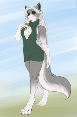 abdominal_scar anthro athletic athletic_female biped breasts claws clothed clothed_anthro clothed_female clothing countershade_torso countershading eye_patch eyewear facial_scar feet female fingers front_view fur hair muscular muscular_anthro muscular_female scar smile solo standing toes elvofirida valkyrie_graywind_(redwolfgtr) canid canine canis mammal wolf 2026 digital_drawing_(artwork) digital_media_(artwork) hi_res sketch